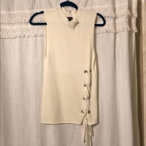 Cream ribbed sleeveless lace up top